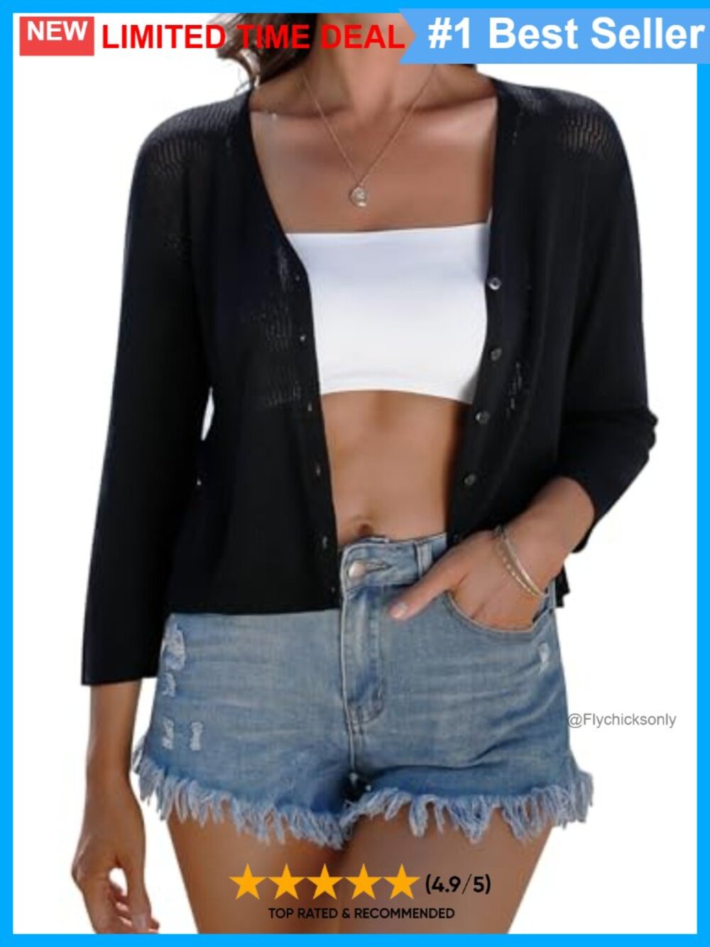 Lightweight Cropped Crochet Cardigan 3/4 Sleeve V-Neck Button Shrug